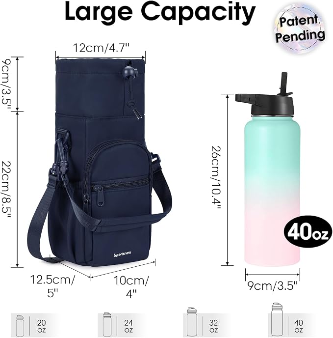 sportsnew 40oz Insulated Crossbody Water Bottle Bag Gym Hiking Phone Pocket | Water-resistant Lining, Padded Strap, Top Handle, Drawstring, Phone Pocket, Elastic Slots, Built-In Key Clip for Gym Walking