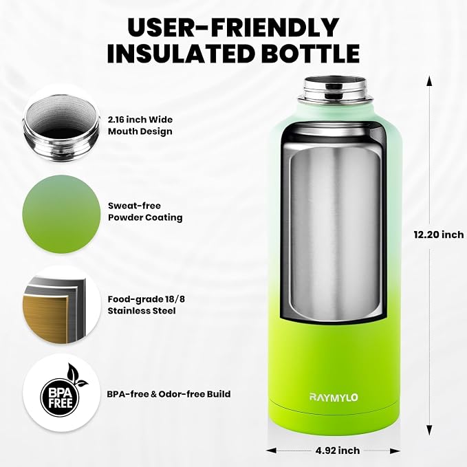 RAYMYLO Insulated Water Bottle 87 oz, Triple Wall Vacuum Stainless Steel | Cold for 48 Hrs), Leak Proof & Non-BPA, Modern Water Flask Jug with Paracord Handle & Straw Spout Lids, Ombre Green