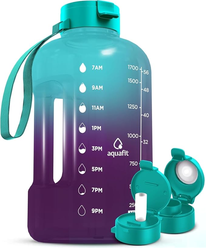 AQUAFIT Half Gallon Water Bottle with Time Marker | BPA Free Half Gallon Water Bottle with Straw and Chug Lids - Leakproof Gym Water Bottle with Carry Handle (Galaxy)
