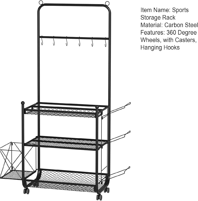Yoga Mat Storage Rack, Home Gym Storage Rack for Dumbbells, Workout Equipment Organizer with Hooks and Wheels Black