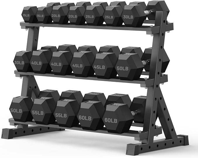 PAPABABE Dumbbell Set with Rack Dumbbells Rubber Encased Home Gym | PAPABABE Complete & Durable Cast Iron Core Odorless PVC Antiroll Hex Shape Ergonomic Chrome Handle Versatile Home Gym