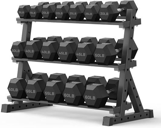 PAPABABE Dumbbell Set with Rack Dumbbells Rubber Encased Home Gym | PAPABABE Complete & Durable Cast Iron Core Odorless PVC Antiroll Hex Shape Ergonomic Chrome Handle Versatile Home Gym