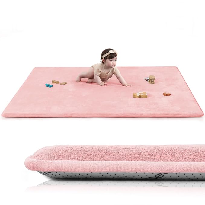 Huloo Sleep Baby Play Mat for Floor,Extra Large 71"×79" Playpen Mat for Toddler,Infant,Kids,1.3" Thick Elasti Foam Non-Slip Nursery Rug,Water Repellent Soft Padded Activity Mats for(Pink)