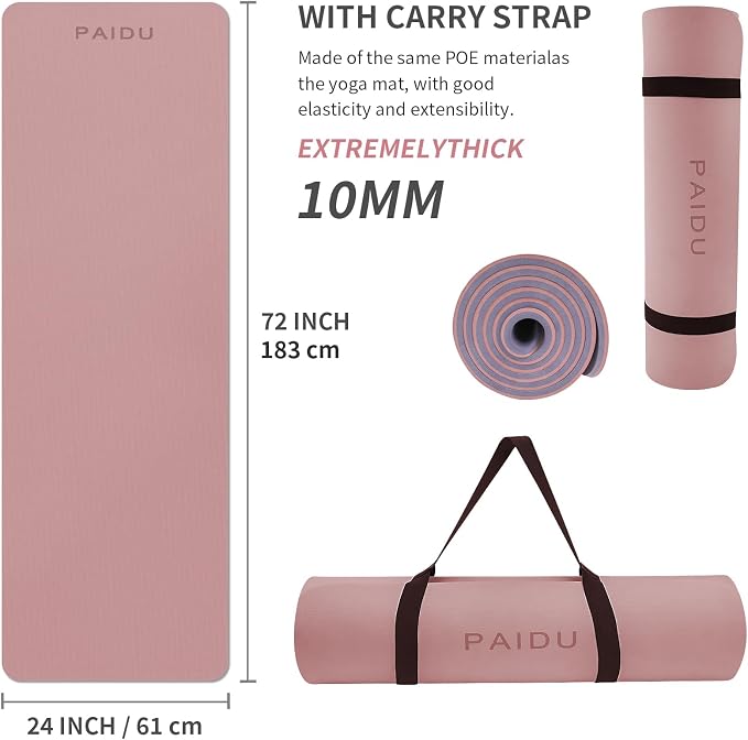 PAIDU POE Yoga Mat （10mm）Extra Thick Fitness Mat 72"x24" with Carry Strap | Non-slip, tear-resistant and suitable for all ages, perfect for yoga, Pilates, home gym and full-body workouts.