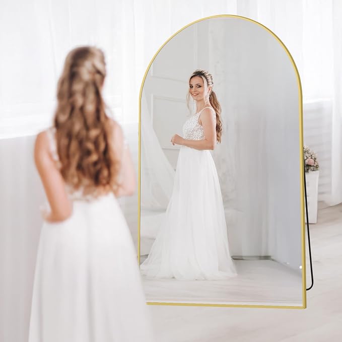 MirrMuse Oversized Arched Full Length Mirror with Stand, 76"X44", Gold | Tempered Glass, Free Standing, for Bedroom Living Room Clothing Store Gym, Aluminum Alloy Frame, Hanging or Leaning