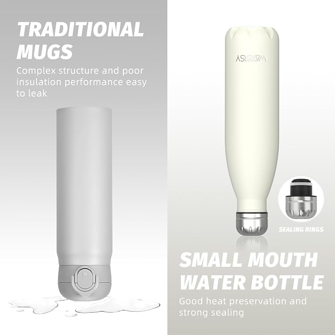 WATERSY Stainless Steel water bottles,17oz/500ml Insulated Water Bottle | Cream White metal water bottle Keeps Drink Cold and Hot,BPA Free kids water bottles for School,Gym,Travel,Sports