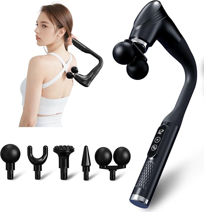 Double-Head Elbow Massage Gun, Detachable Extended Handle, 12 Levels Adjustable, 5 Heads are Replaceable