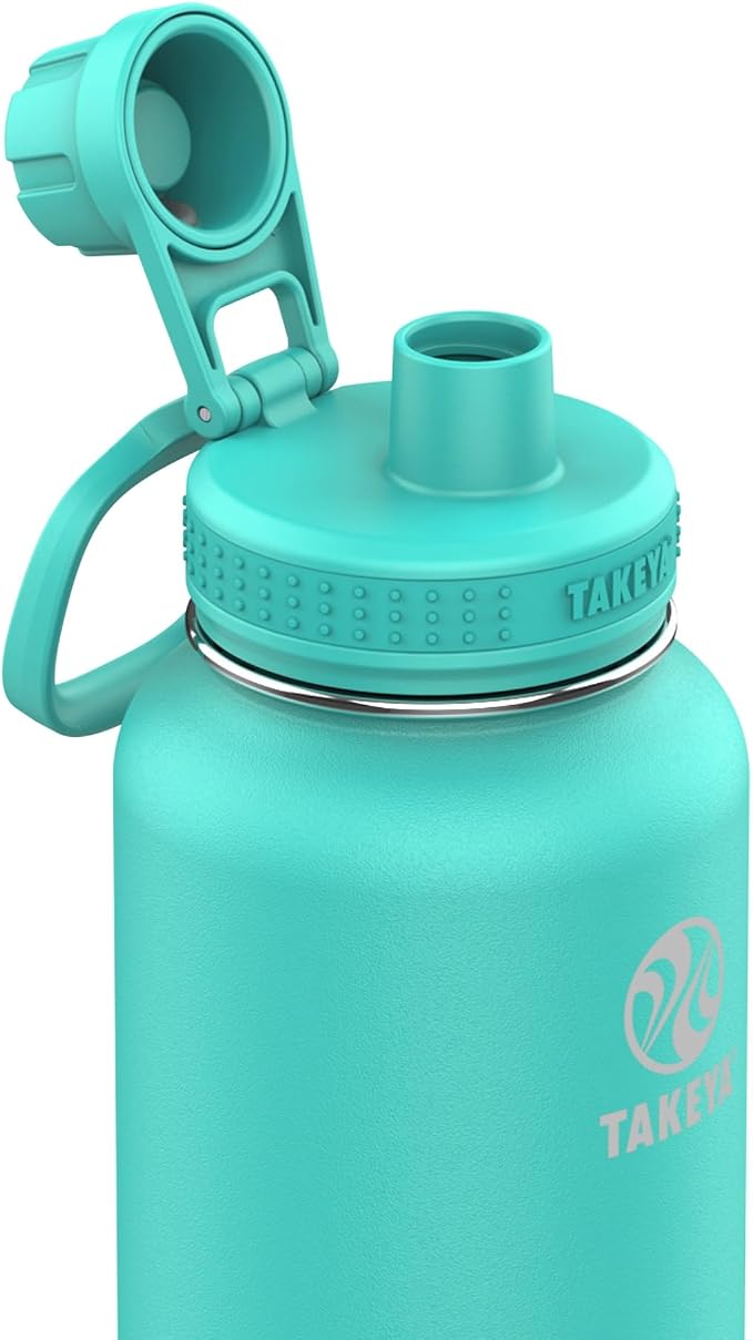 Takeya Actives Stainless Steel Water Bottle, Insulated Spout Lid, Keeps Drinks Cold 24 Hrs, Leakproof, Durable, Dishwasher Safe, Ideal for Gym, Travel, Fits Most Cup Holders, 32 oz/Teal