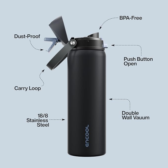 ENCOOL Insulated Water Bottle with Straw Stainless Steel Water Bottle with Push Button Lid, Leak-Proof & BPA-Free, Keeps Cold for 24 Hours for Sports, Travel, Gym (32 oz, Tuna Grey-Silver)