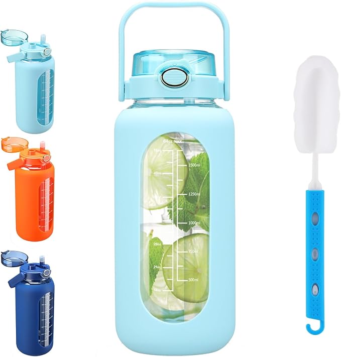 42 oz Glass Water Bottle with 2-in-1 Straw Lid Large Half Gallon Water Bottle with Time Marker & Removable Silicone Sleeve,Wide Mouth BPA-Free Borosilicate Bottle for Gym, Workout & Daily Use