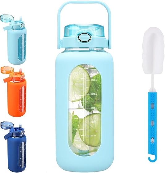 42 oz Glass Water Bottle with 2-in-1 Straw Lid Large Half Gallon Water Bottle with Time Marker & Removable Silicone Sleeve,Wide Mouth BPA-Free Borosilicate Bottle for Gym, Workout & Daily Use