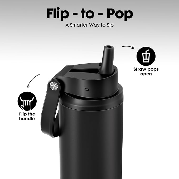 Meoky 24 oz Insulated Water Bottle: Flip-to-Pop Straw, Leak Proof, 24H Cold, Fits in Car Cup Holder, Wide Mouth, BPA-Free, Stainless Steel Water Bottle for Men Travel Sports School, Night