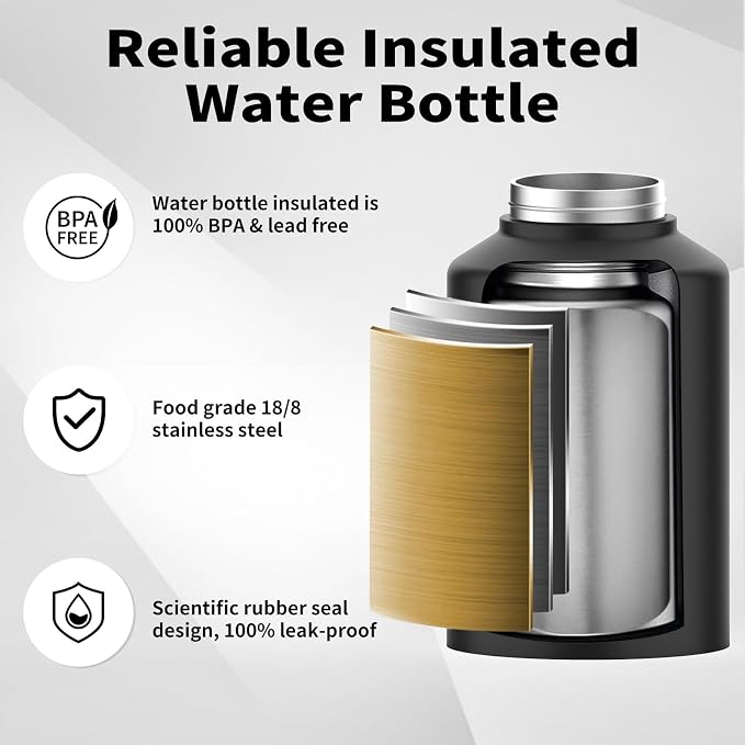 WATERSY Half Gallon Water Bottle Insulated(Cold for 48 Hrs),BPA Free&Leak Proof,64oz Stainless Steel Water Jug/Flask,Big thermo,Large Water Bottle with Handle for Gym,Hiking,Camping,Black