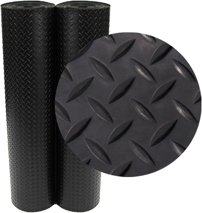 Rubber-Cal Diamond-Plate Rubber Flooring Roll - 3 mm x 4 ft x 1.5 ft Roll - Black