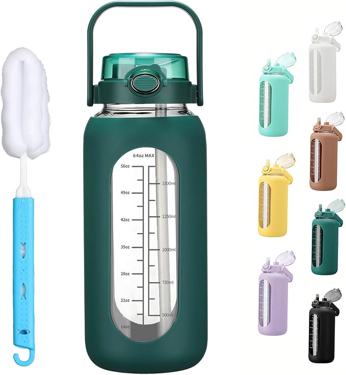 chunmo 64oz Glass Water Bolttles with Straw Half Gallon Large Motivational Water Bottle with Time Marker Sports Water Bottles with Silicone Sleeve and Handle Lid Water Jug for Gym Workout