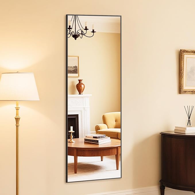 NEWBULIG Full Length Mirror, 59"x16" Full Body Standing Mirror, Black | Leaning or Standing, Tempered Glass, Aluminum Alloy Thin Frame Floor Stand for Bedroom, Cloakroom