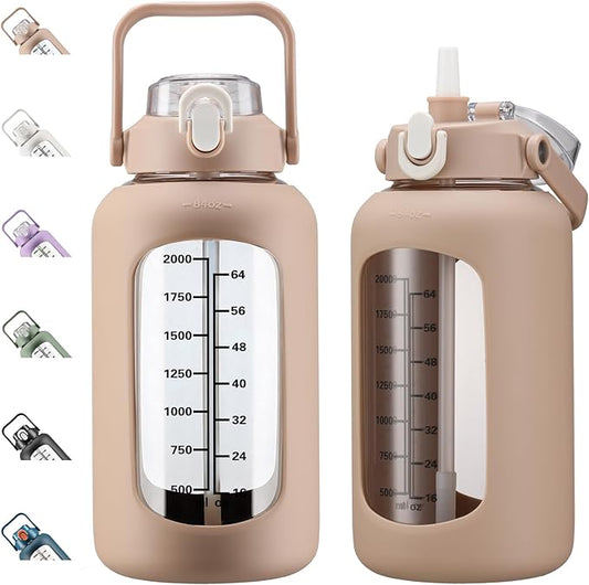 84oz Glass Water Bottle with Straw, 2.5 Liter Large Water Bottle with Silicone Sleeve and OZ Marker, Wide Mouth Gallon Glass Bottle with 2-in-1 Lid, Leakproof Water Jug for Gym Home, Amber