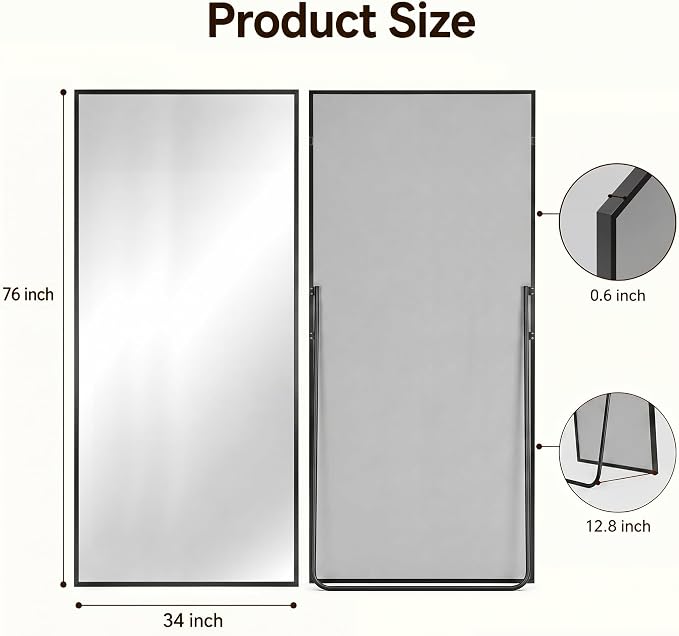 Antok Full Length Mirror, 76"x34" Floor Mirror with Stand, Hanging Mounted Mirrors for Bedroom, Living Room, Cloakroom, Dining Room, Black, Rect