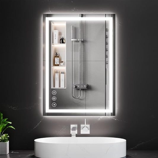 Koonmi 28x20 LED Bathroom Mirror with Light, Anti-Fog, 3 Colors | Backlit + Front Lit, Dimmable Brightness, Shatterproof HD Distortion-Free Tempered Glass, Hardware Included