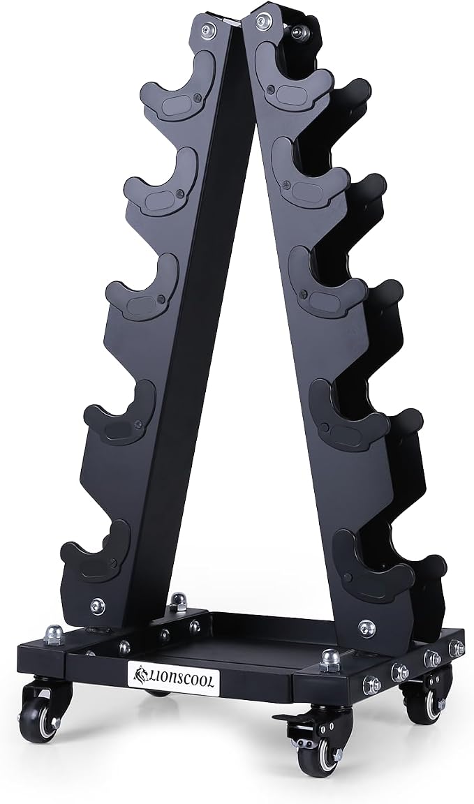 LIONSCOOL Dumbbell Rack Stand Only, A-Frame Rolling Weight Storage and Tray | 5 Tier Steel Rack with Premium Solid Wheels, Portable Home Gym Fitness Storage Organizer, 200/300/700LBS Weight Capacity