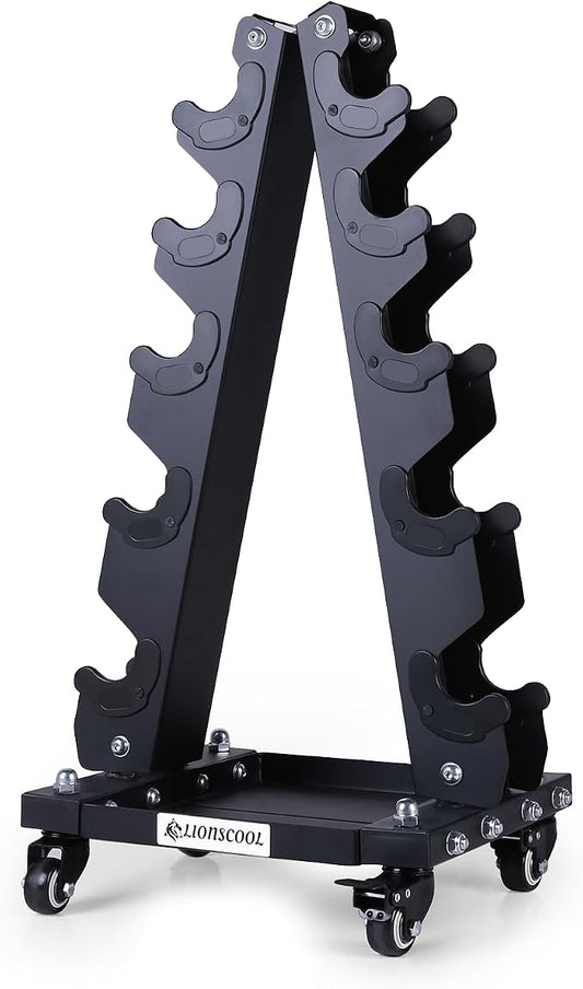 LIONSCOOL Dumbbell Rack Stand Only, A-Frame Rolling Weight Storage and Tray | 5 Tier Steel Rack with Premium Solid Wheels, Portable Home Gym Fitness Storage Organizer, 200/300/700LBS Weight Capacity