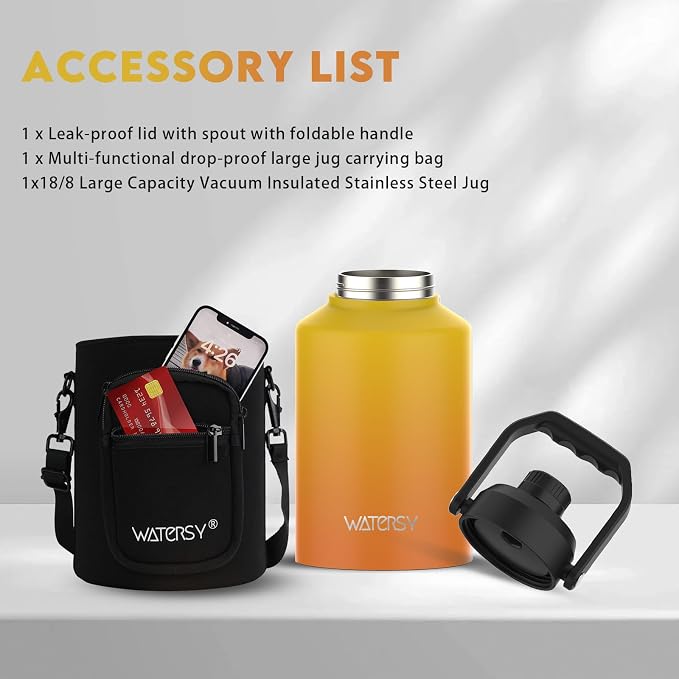 WATERSY Half Gallon Water Bottle Insulated(Cold for 48 Hrs),BPA Free&Leak Proof,64oz Stainless Steel Water Jug/Flask,Big thermo,Large Water Bottle with Handle for Gym,Hiking,Camping,Gradual Yellow