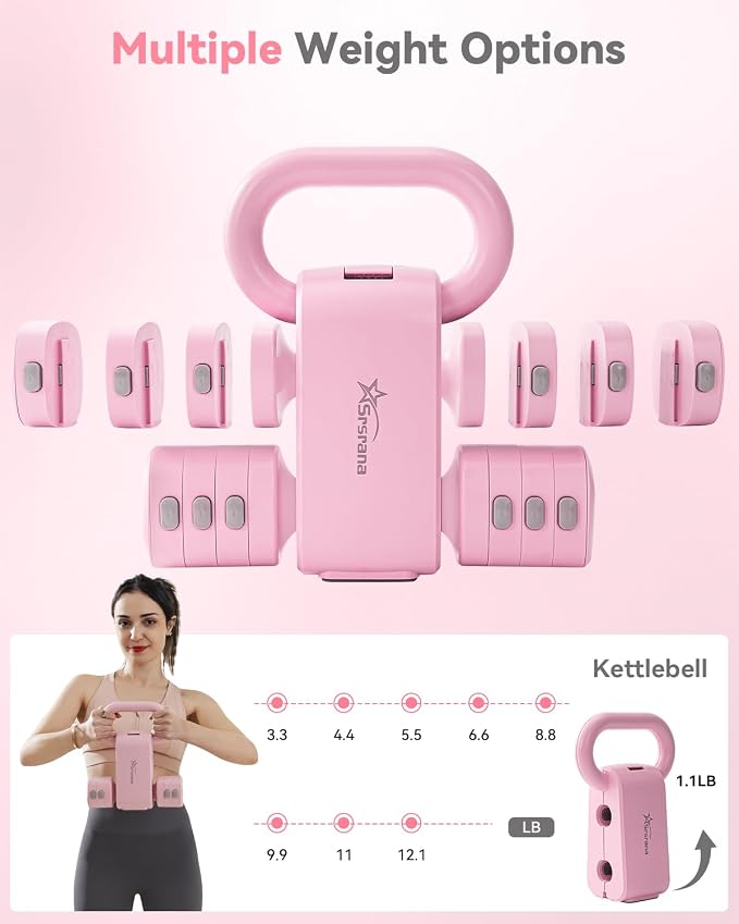 2-in-1 Adjustable Dumbbell & Kettlebell Set for Women (1.1-12.1 lbs), Quick-Change Free Weights for Home Gym, Pilates & Full Body Workout