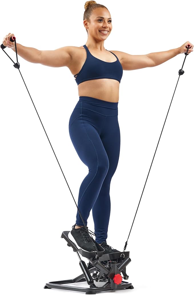Sunny Health & Fitness Twist Stair Stepper with Resistance Bands | Low-Impact, Side-Twist Motion, Adjustable Step Height, Hydraulic Resistance, SunnyFit App, Up to 350 lb Capacity