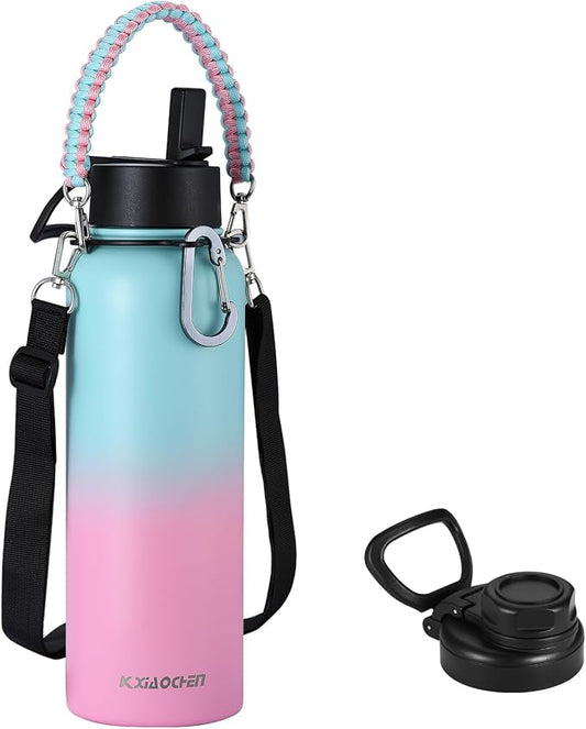 KXIAOCHEN Insulated Water Bottle with Strap, 48-Hour Cold, 2 Lids | Triple-wall insulation, lead-free 18/8 Stainless steel, paracord handle, carabiner clip, for gym, hiking, camping and travel