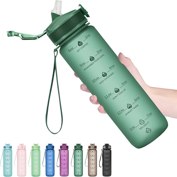 Hyeta Plastic Water Bottle With Straw & Time Marker, 32oz Leakproof Jug | Motivational Tritan BPA Free Gym Office Outdoor Intake Tracker Hourly Reminder Straw Lid Lightweight