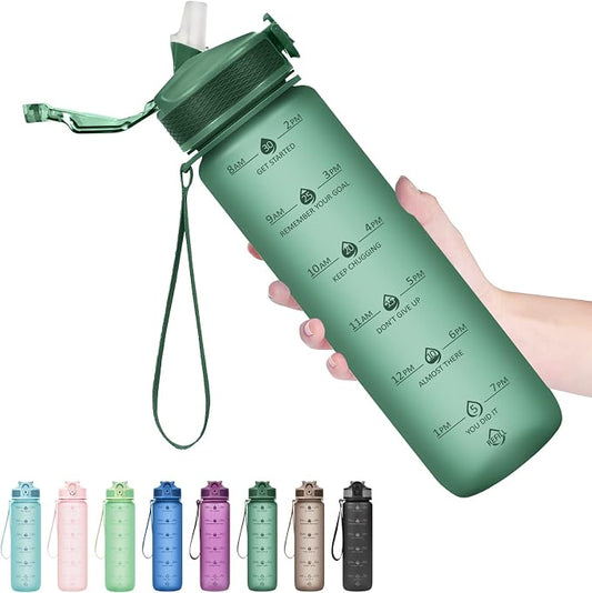 Hyeta Plastic Water Bottle With Straw & Time Marker, 32oz Leakproof Jug | Motivational Tritan BPA Free Gym Office Outdoor Intake Tracker Hourly Reminder Straw Lid Lightweight