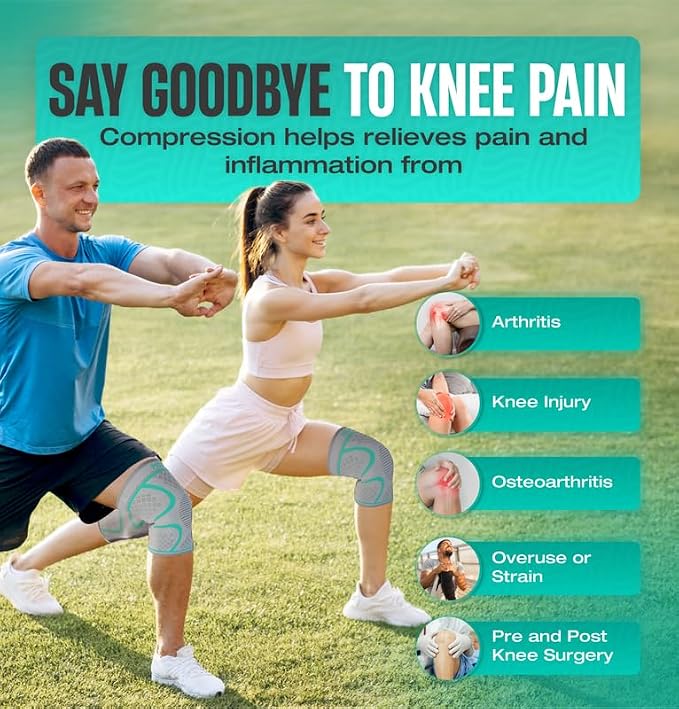 Modvel Compression Knee Brace for Women & Men - 2 Pack Knee Brace for Women Running Knee Pain, Knee Support Sleeve, Workout Sports Braces for Meniscus Tear ACL & Arthritis Pain Relief Grey/Turquoise Large