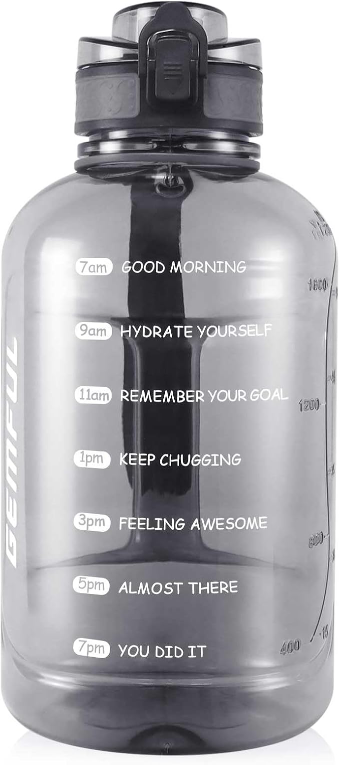 GEMFUL 2 Liter Water Bottle with Time Marker 64oz Motivational Jug (Grey) | BPA-Free, Big Capacity, Motivational , No Straw, Chug Lid, for Gym, Fitness, Hiking, Camping, Office, Travel, Women, Men