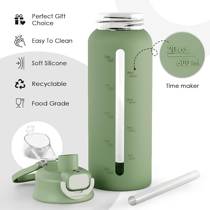 SANDJEST Glass Water Bottle with Silicone Sleeve 24oz with Lid, Motivational Time Marker, Drinking Hydration Glass Bottles for Men Women, Gym Travel Sports (Matcha)