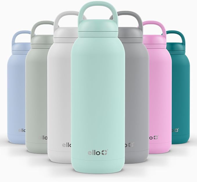 Ello Cooper Twist 40oz Insulated Stainless Steel Chug Water Bottle, Yucca | Leakproof water bottle with chug lid and carry loop. BPA-free, keeps drinks cold 40 hours, great for gym, travel, and school.