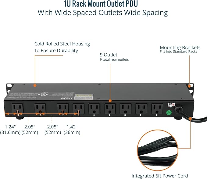 Tecmojo 9-Outlet Rack Mount PDU,1U Horizontal PDU Individual Switch 6ft Cord, with 2USB and 2 Type-C,for IT and Network Racks and Cabinets