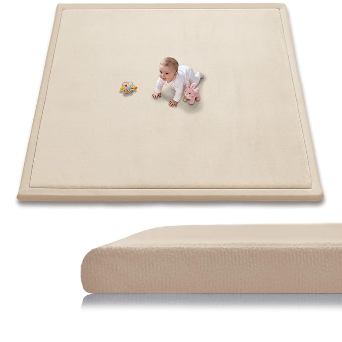Baby Play Mat for Floor, 79'' x 79'' Thicken Foam Soft Padded Playmat for Tummy Time, Playpen Mat for Toddlers Infant Kids, Water-Repellent Coral Velvet, Non-Slip Bottom Safe for Crawling (Brown)