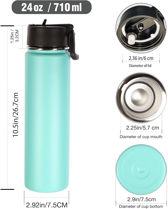 Volhoply 24oz Insulated Water Bottle With Straw Bulk 6 Pack,Metal Wide Mouth Water Bottles With Handle Lid Keep Cold,Reusable Double Wall Cups,Powder Coated Sport Bottle For Holder(Mint,6 Count)