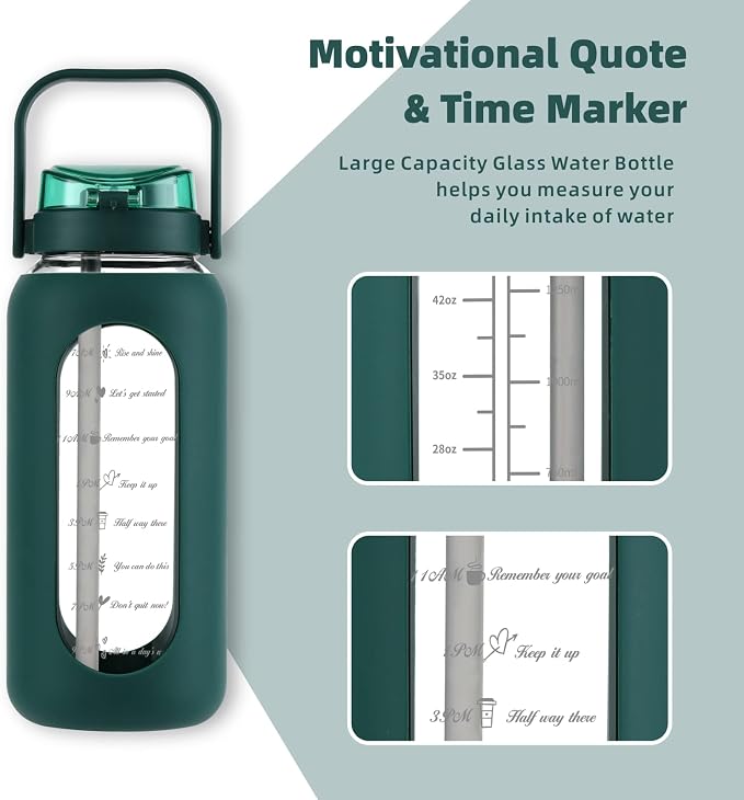 74oz Glass Water Bottle with 2-in-1 Straw Lid Large Gallon Water Bottle with Time Marker & Removable Silicone Sleeve,Wide Mouth BPA-Free Borosilicate Bottle for Gym, Workout & Daily Use