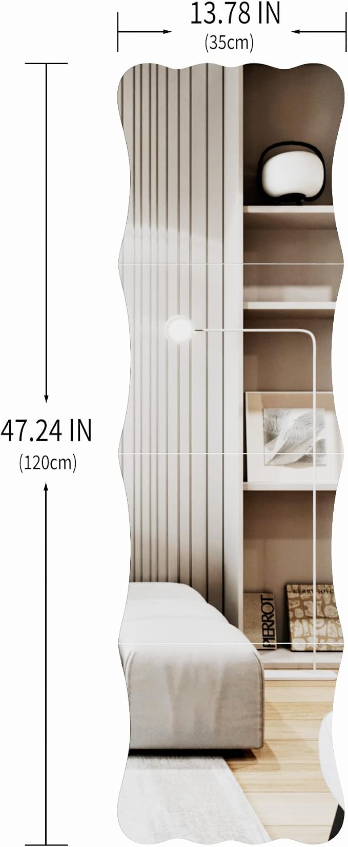Wavy Shatterproof Full Length Wall Mirror Tiles, 47" x 14" (4 Pack 14" x 12"), Unbreakable Acrylic Safety Body Mirror for Kids, Baby, Toddler, Playroom, Dorm, Door & Gym, Frameless Non-Glass