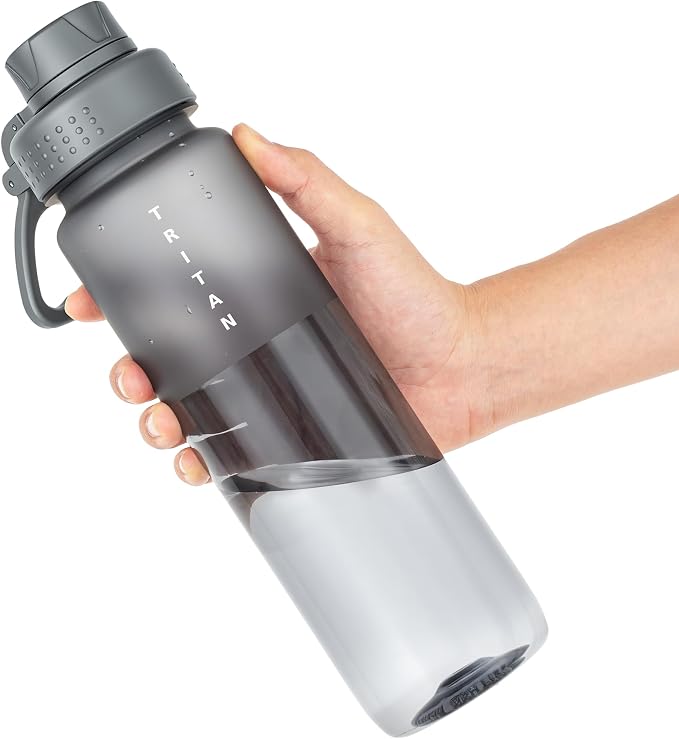 OLDLEY 32 oz Water Bottle with Handle, BPA-Free Tritan Reusable Sports Water Bottle with Leak-Proof Dust Lid, Wide Mouth, Cup Holder Friendly, Half Frosted Clear Bottle for Gym, Travel, Work,Gray