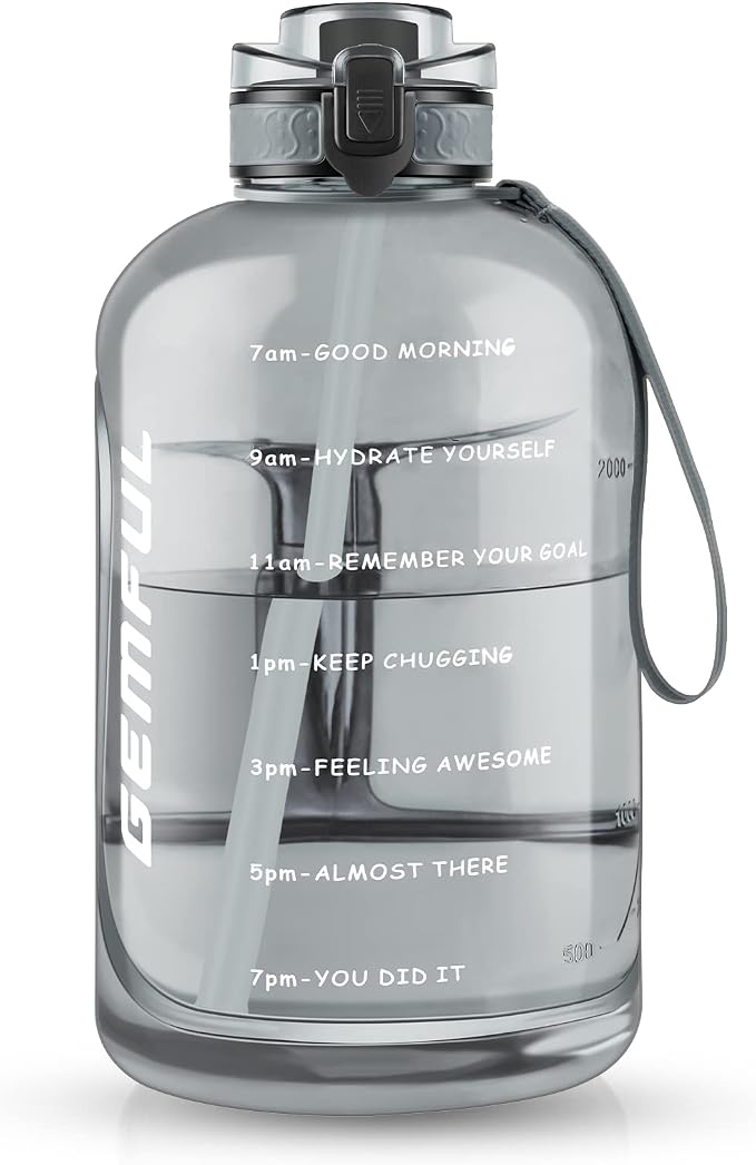 GEMFUL 3L Water Bottle with Measurements & Straw 100oz Leakproof Jug (Grey) | BPA Free, Time Marker, Wide Mouth, Sturdy Handle for Carry, for Gym, Fitness, Hiking, Office, Wome, Men