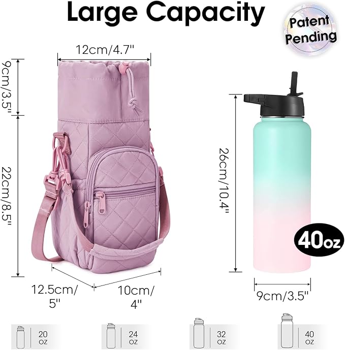 sportsnew 40oz Insulated Crossbody Water Bottle Bag Gym Hiking Phone Pocket | Water-resistant Lining, Padded Strap, Top Handle, Drawstring, Phone Pocket, Elastic Slots, Built-In Key Clip for Gym Walking
