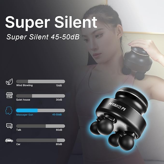 HYAKO F1 Handheld Deep Tissue Massager | Muscle Pain Relief,5 Speed 4 Heads | Portable Orbital Professional Muscle Massager Tool for Easing Shoulder and Back Tension and for Myofascial Release