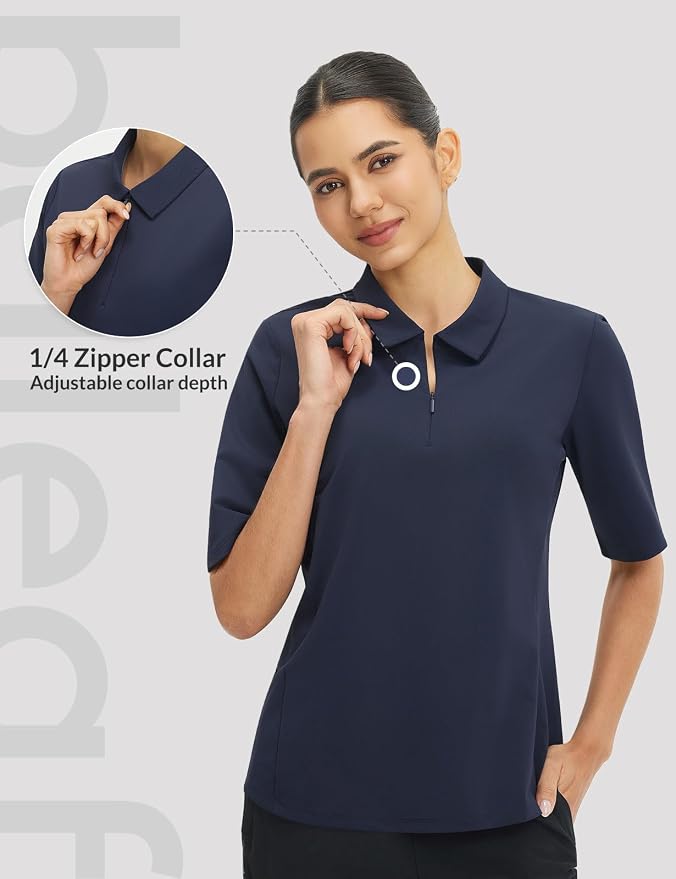 baleaf Womens Golf Shirts Half Sleeve Elbow Length Polo Tops | Stretch, Sun Protection UPF 50+, Quick Dry, Breathable, Moisture Wicking, Quarter Zip V Neck, Ideal for Golf Work Casual