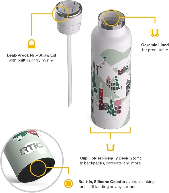 RTIC 20oz Journey Water Bottle Ceramic Lined Metal Stainless Steel Vacuum Insulated, BPA Free, Reusable, for Water, Hot and Cold Drinks, Travel, Sports, Camping, Apres Ski