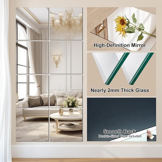 Vlush Full Length Wall Mirror 12'' x 12'' x 8PC Home Gym Full Body & Tiles Full Length Mirror Wall Mounted Mirrors Decorative for Home Gym, Door, Bedroom & Bathroom