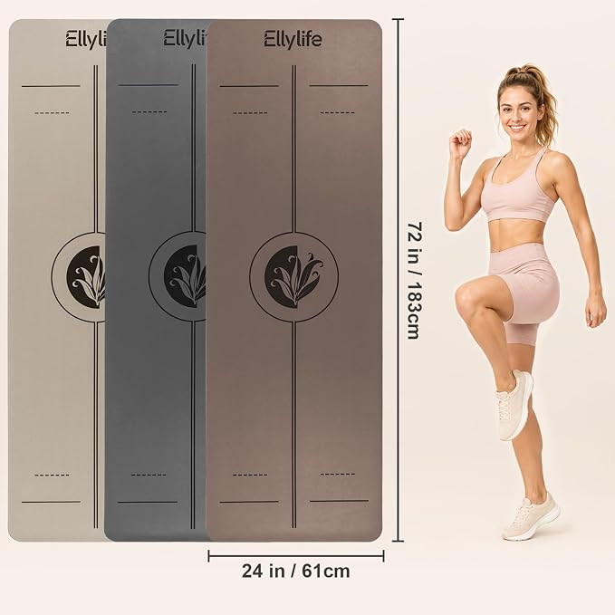 Yoga Mat - Non Slip Natural Rubber Yoga Mat, Alignment Lines, Ultimate Grip | Anti-Tear, Durable & Thick 5mm, Skin-Friendly with Free Carry Strap, Bag, for Yoga, Pilates Fitness and Floor Exercises