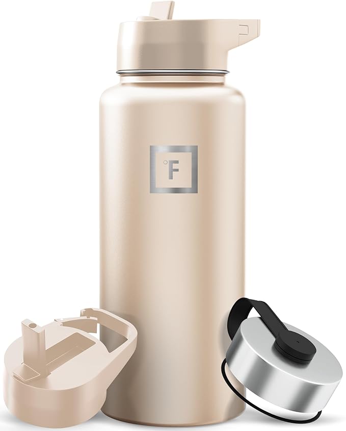 IRON °FLASK 32 oz Wide Mouth Water Bottle with 3 Lids | Insulated Stainless Steel Sports Water Bottle with 3 Leakproof Lids - BPA Free, Cold 24 Hrs, Sweat Free (Sand)