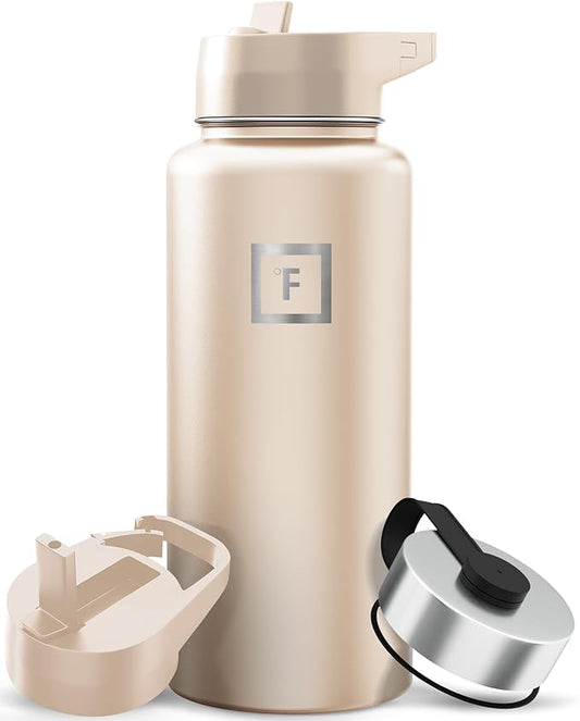 IRON °FLASK 32 oz Wide Mouth Water Bottle with 3 Lids | Insulated Stainless Steel Sports Water Bottle with 3 Leakproof Lids - BPA Free, Cold 24 Hrs, Sweat Free (Sand)